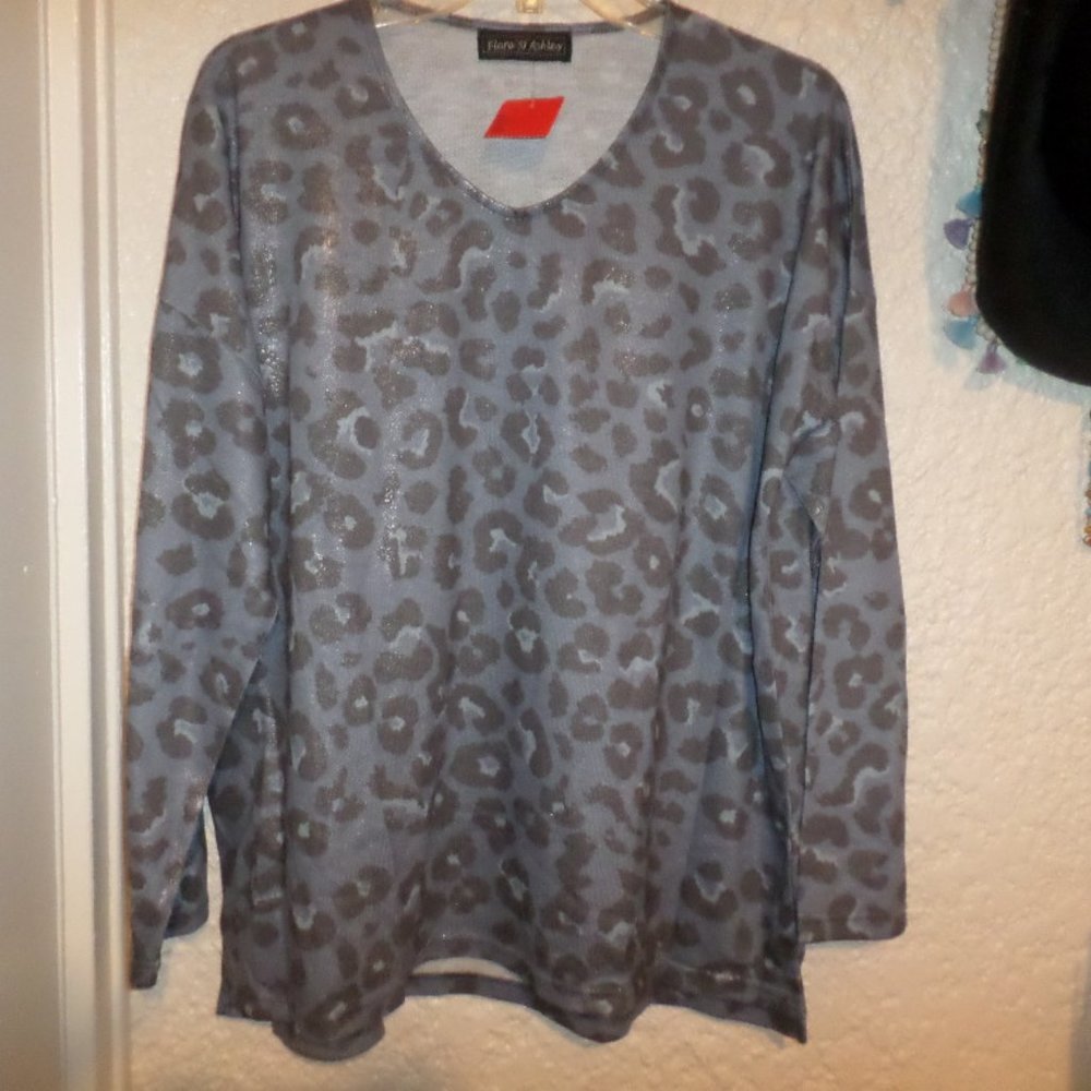Flora Ashley Blue Animal Print Oversized Sweater Top NWT XL